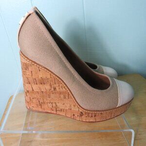 Tory Burch Shoes Wedge Heel Pumps Tan & Beige Leather & Cork Size 7 1/2 M